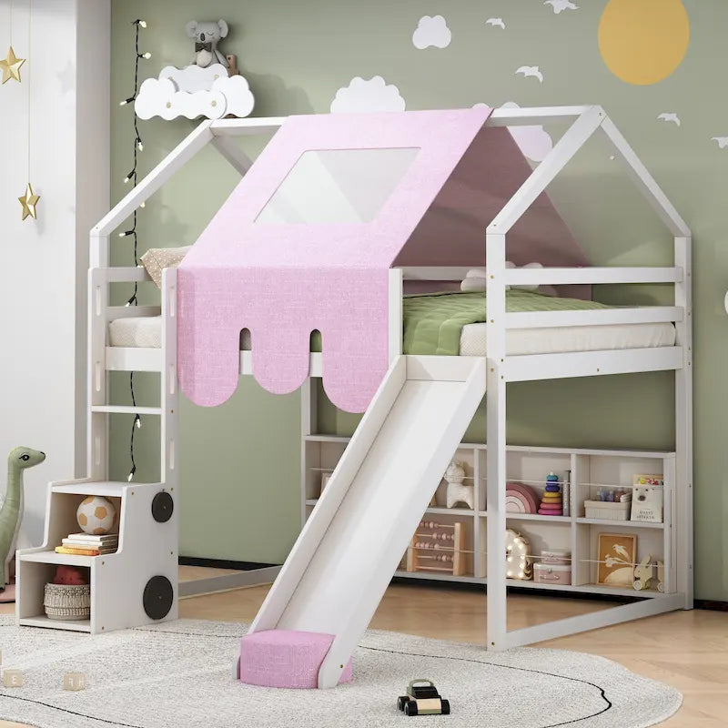Kids Wooden Loft Bed with Tent Slide Ladder Storage Shelves Natural Pink