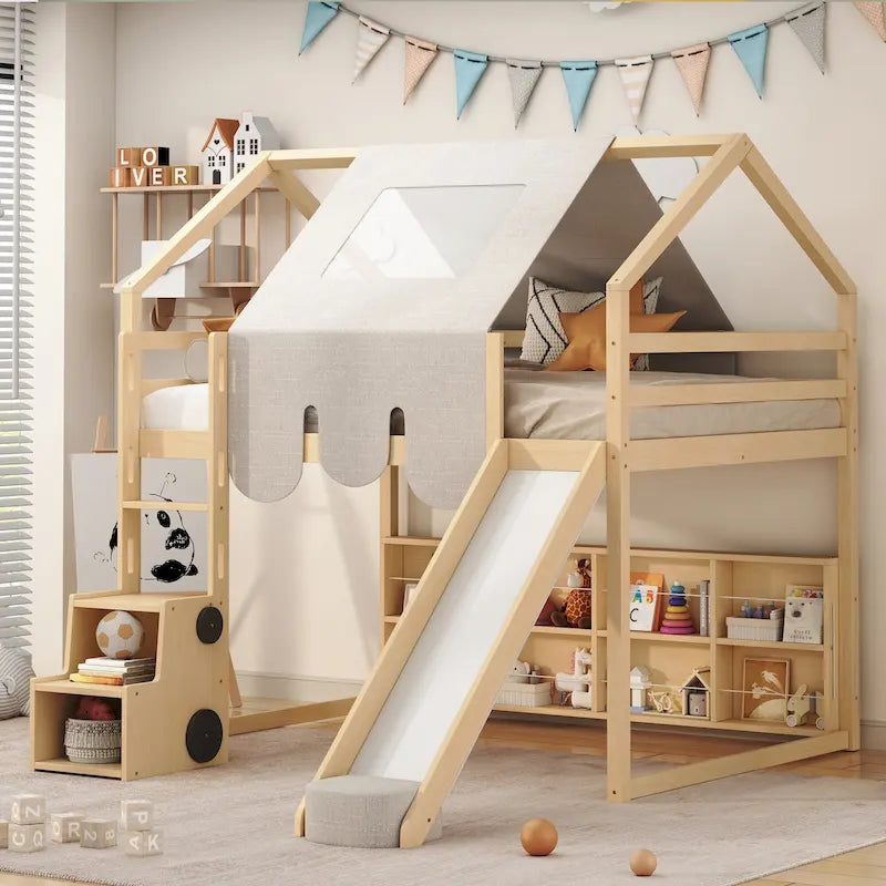 Kids Wooden Loft Bed with Tent Slide Ladder Storage Shelves Natural Pink