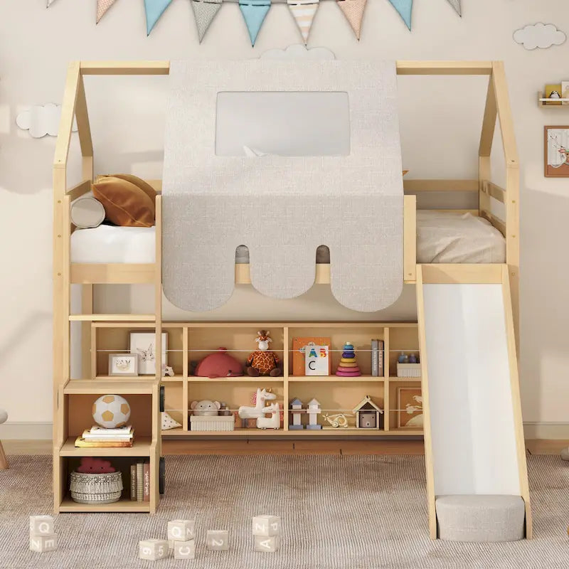 Kids Wooden Loft Bed with Tent Slide Ladder Storage Shelves Natural Pink