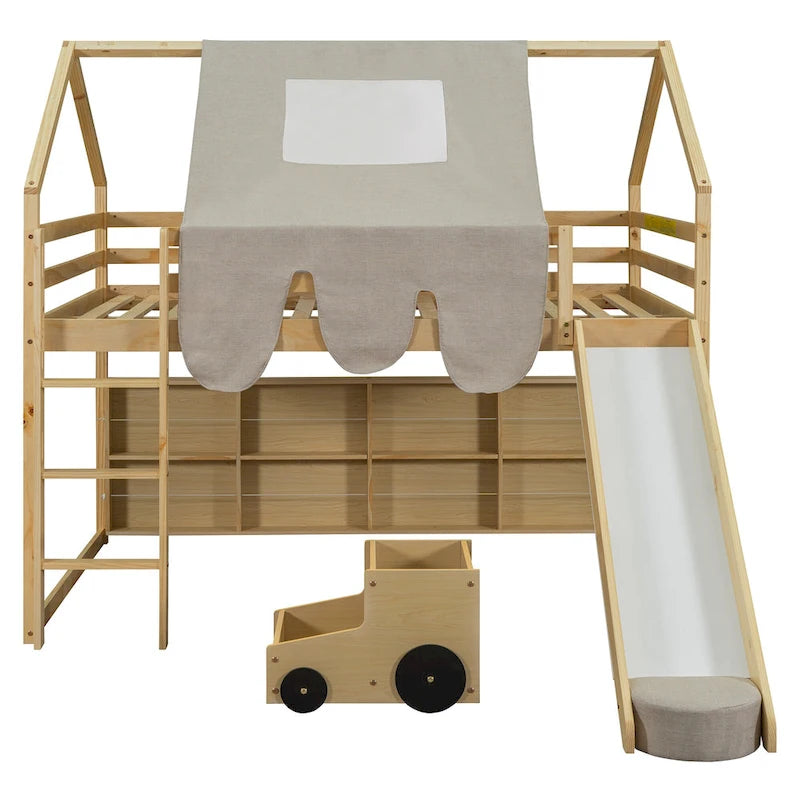 Kids Wooden Loft Bed with Tent Slide Ladder Storage Shelves Natural Pink