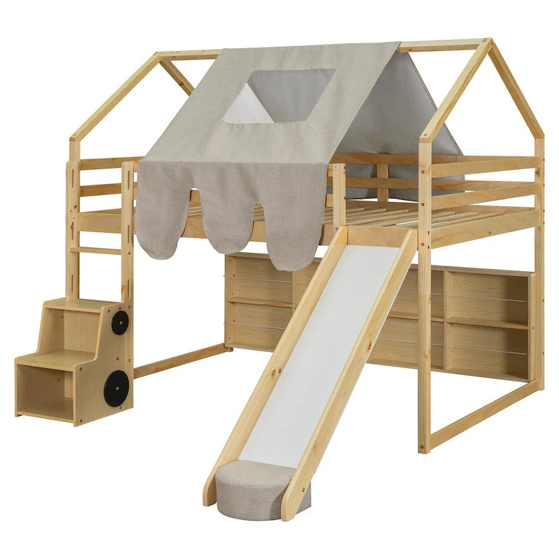 Kids Wooden Loft Bed with Tent Slide Ladder Storage Shelves Natural Pink