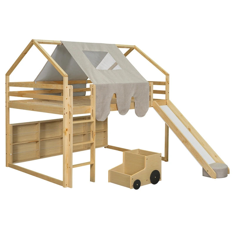Kids Wooden Loft Bed with Tent Slide Ladder Storage Shelves Natural Pink
