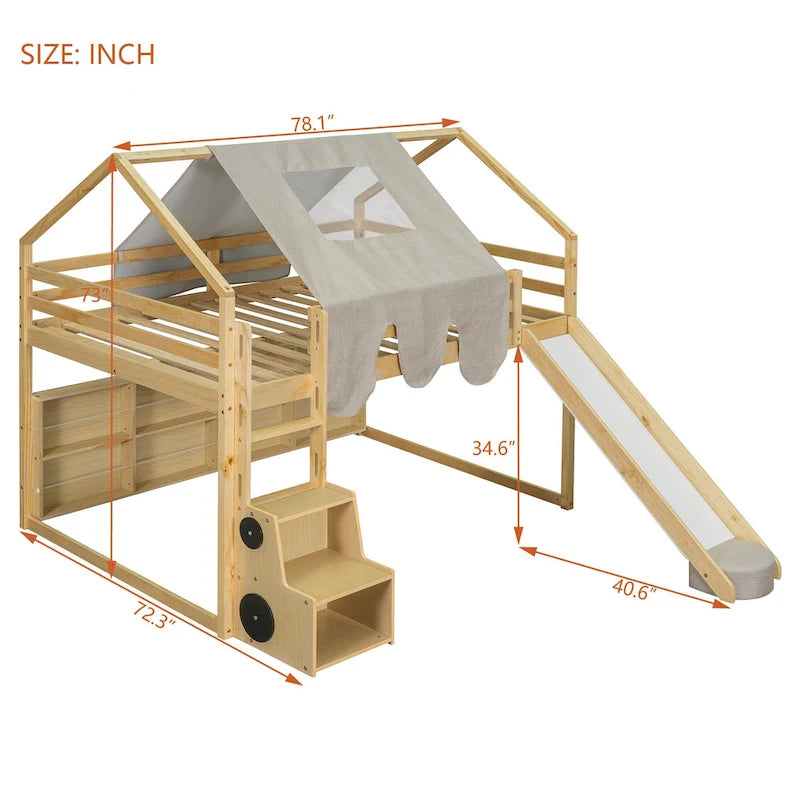 Kids Wooden Loft Bed with Tent Slide Ladder Storage Shelves Natural Pink