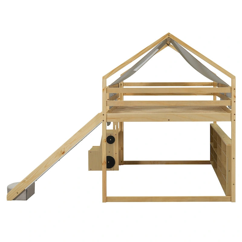 Kids Wooden Loft Bed with Tent Slide Ladder Storage Shelves Natural Pink