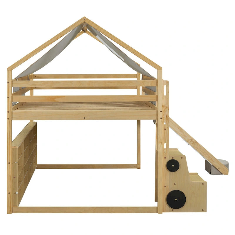 Kids Wooden Loft Bed with Tent Slide Ladder Storage Shelves Natural Pink