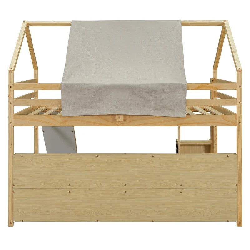 Kids Wooden Loft Bed with Tent Slide Ladder Storage Shelves Natural Pink