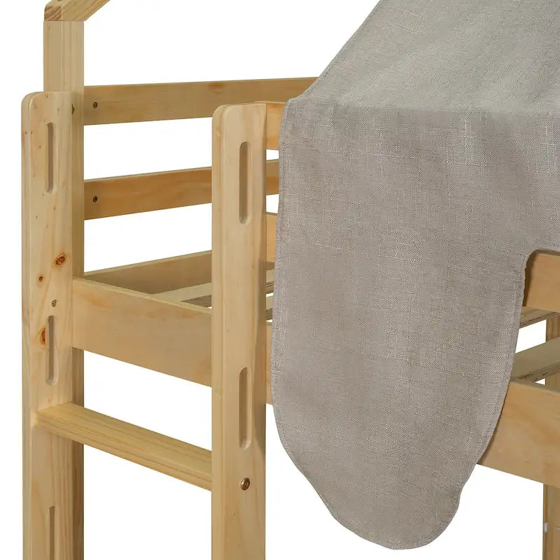Kids Wooden Loft Bed with Tent Slide Ladder Storage Shelves Natural Pink