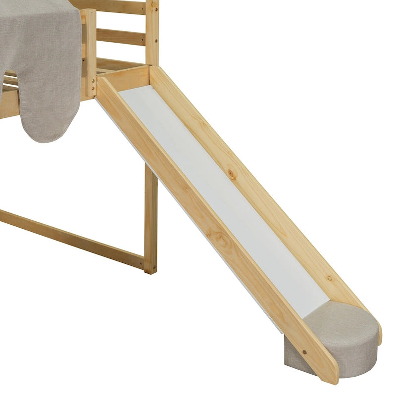 Kids Wooden Loft Bed with Tent Slide Ladder Storage Shelves Natural Pink
