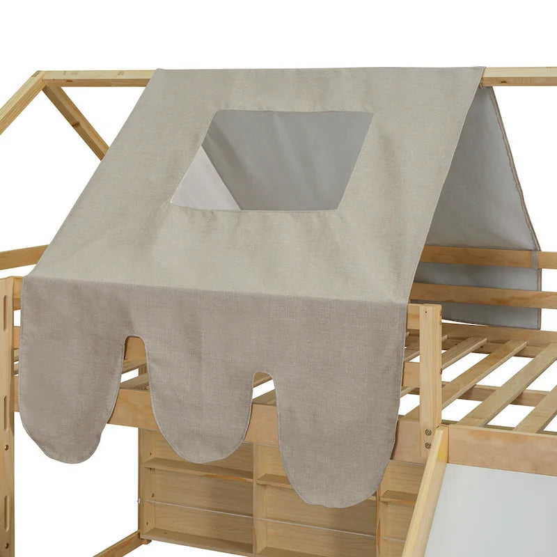 Kids Wooden Loft Bed with Tent Slide Ladder Storage Shelves Natural Pink