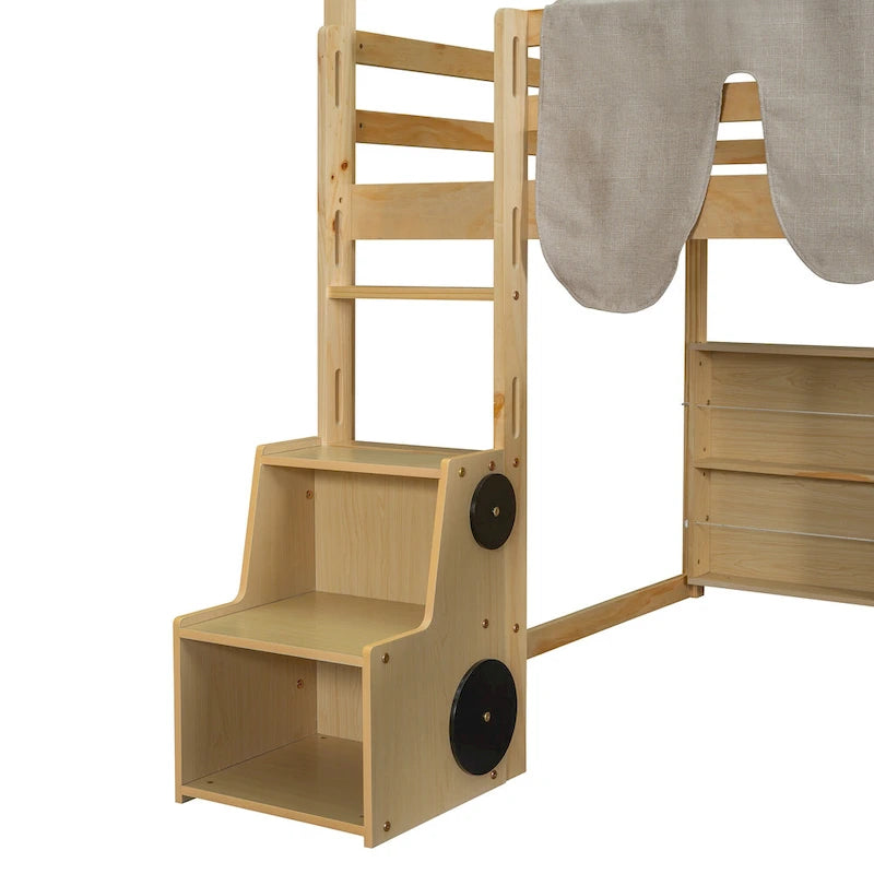 Kids Wooden Loft Bed with Tent Slide Ladder Storage Shelves Natural Pink