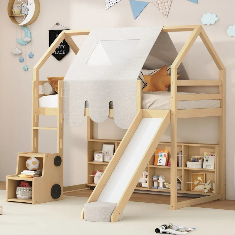 Kids Wooden Loft Bed with Tent Slide Ladder Storage Shelves Natural Pink