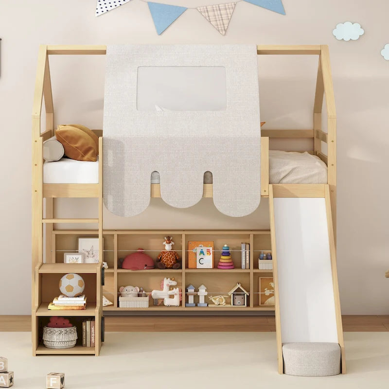 Kids Wooden Loft Bed with Tent Slide Ladder Storage Shelves Natural Pink