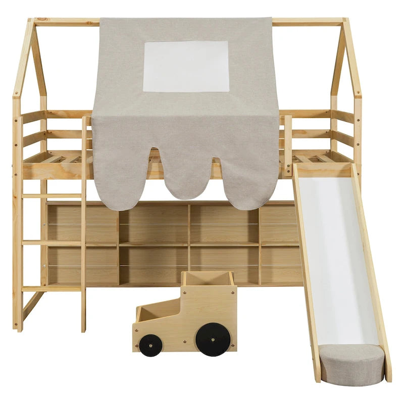 Kids Wooden Loft Bed with Tent Slide Ladder Storage Shelves Natural Pink