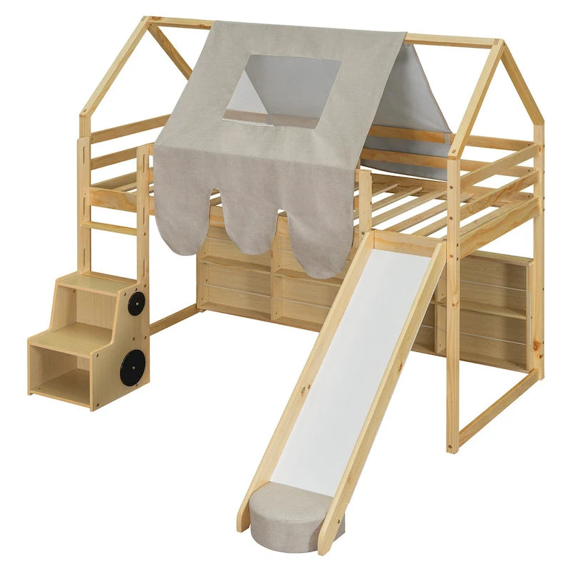 Kids Wooden Loft Bed with Tent Slide Ladder Storage Shelves Natural Pink