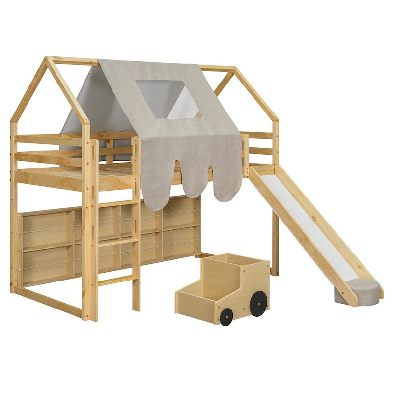 Kids Wooden Loft Bed with Tent Slide Ladder Storage Shelves Natural Pink