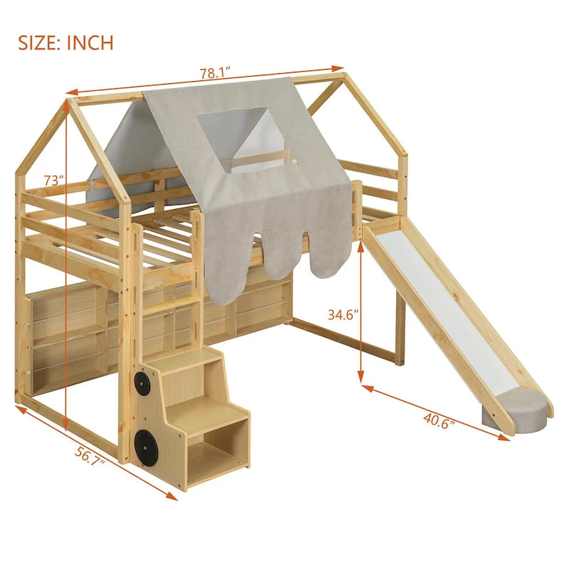 Kids Wooden Loft Bed with Tent Slide Ladder Storage Shelves Natural Pink