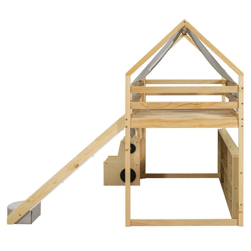 Kids Wooden Loft Bed with Tent Slide Ladder Storage Shelves Natural Pink