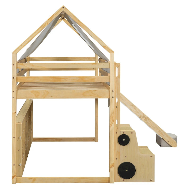Kids Wooden Loft Bed with Tent Slide Ladder Storage Shelves Natural Pink