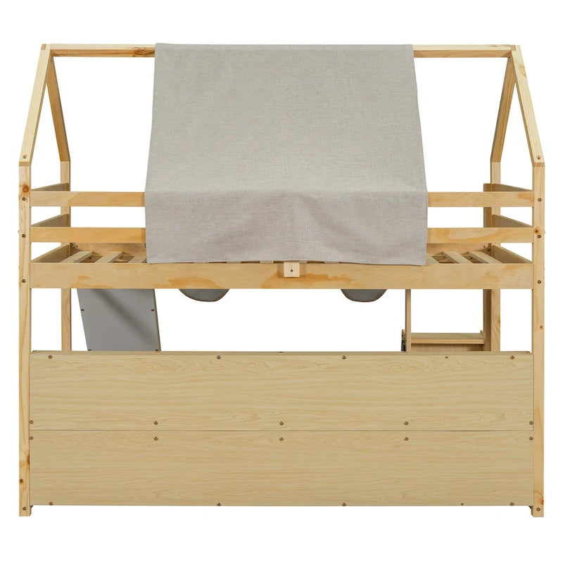 Kids Wooden Loft Bed with Tent Slide Ladder Storage Shelves Natural Pink