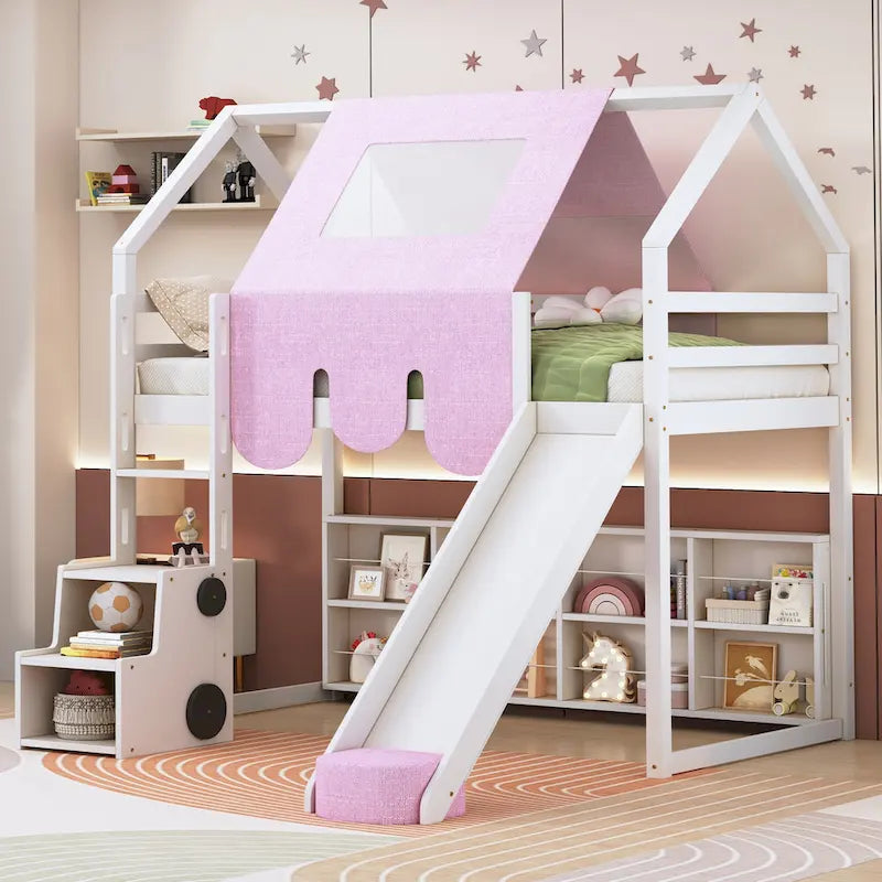 Kids Wooden Loft Bed with Tent Slide Ladder Storage Shelves Natural Pink