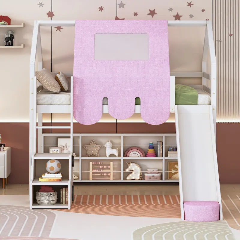 Kids Wooden Loft Bed with Tent Slide Ladder Storage Shelves Natural Pink