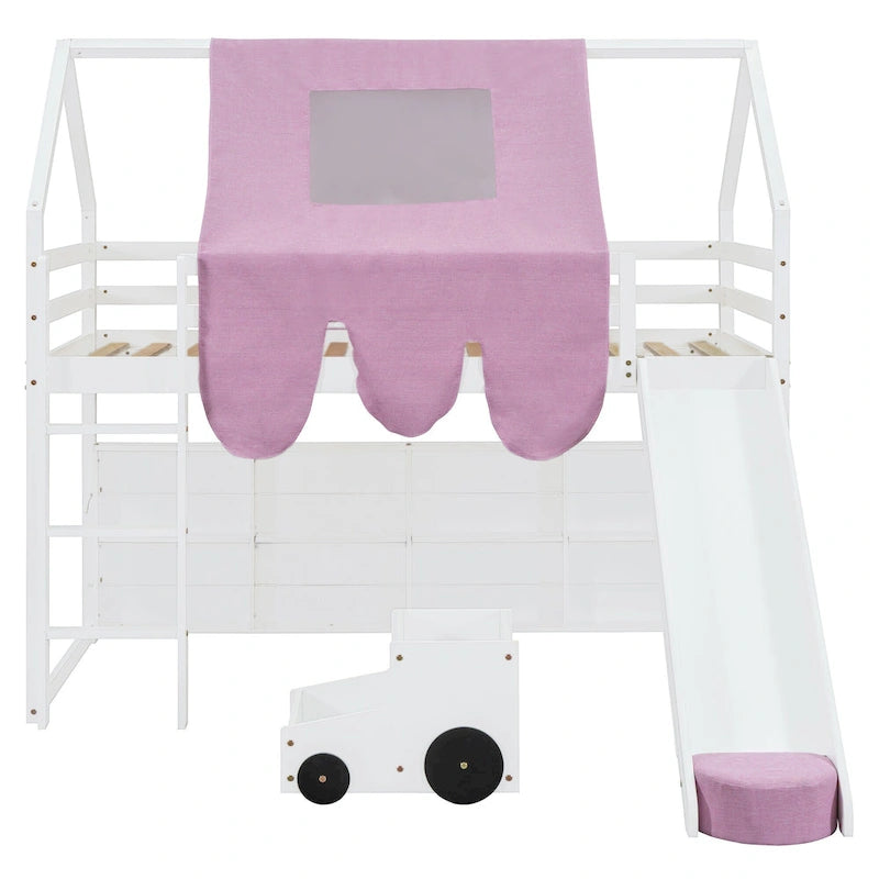 Kids Wooden Loft Bed with Tent Slide Ladder Storage Shelves Natural Pink