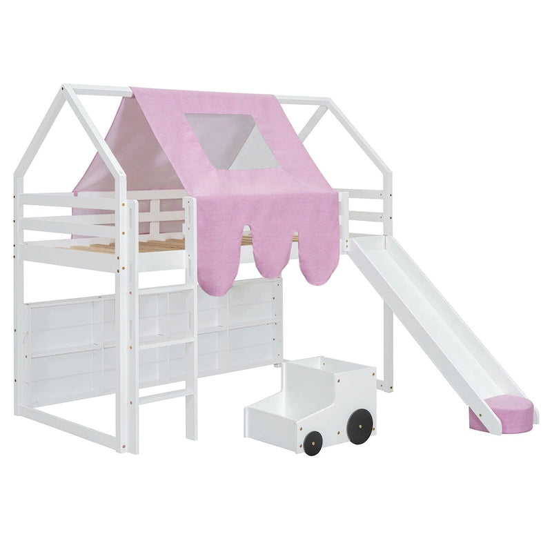 Kids Wooden Loft Bed with Tent Slide Ladder Storage Shelves Natural Pink