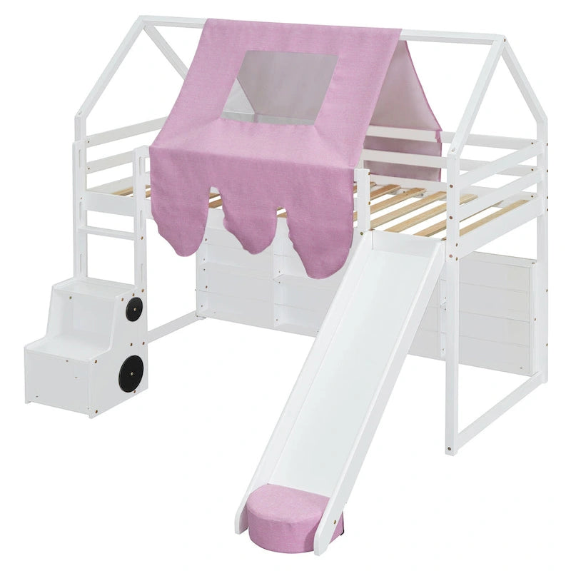 Kids Wooden Loft Bed with Tent Slide Ladder Storage Shelves Natural Pink