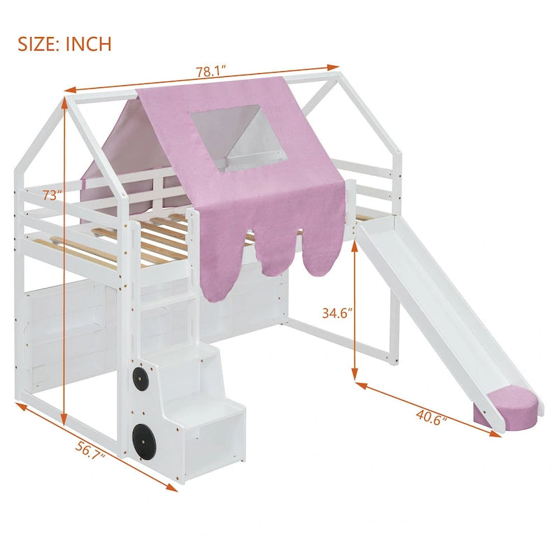 Kids Wooden Loft Bed with Tent Slide Ladder Storage Shelves Natural Pink