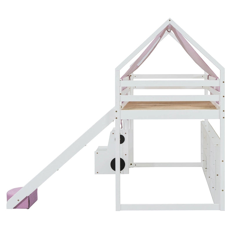 Kids Wooden Loft Bed with Tent Slide Ladder Storage Shelves Natural Pink