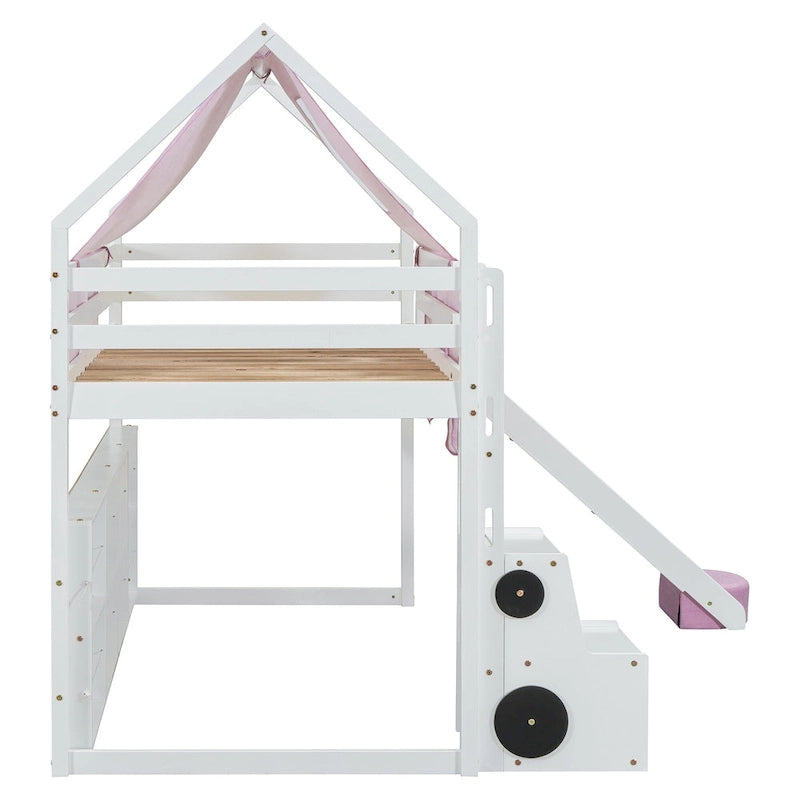 Kids Wooden Loft Bed with Tent Slide Ladder Storage Shelves Natural Pink