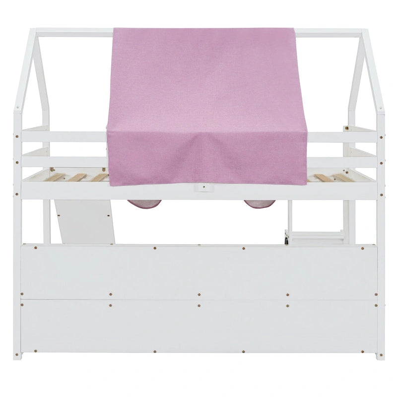 Kids Wooden Loft Bed with Tent Slide Ladder Storage Shelves Natural Pink