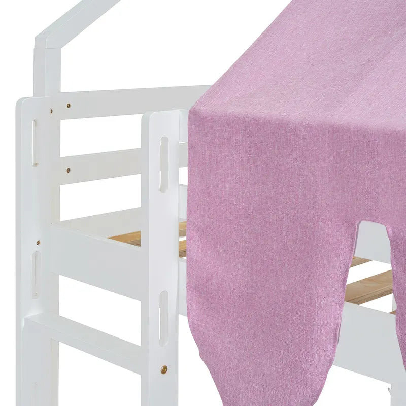 Kids Wooden Loft Bed with Tent Slide Ladder Storage Shelves Natural Pink