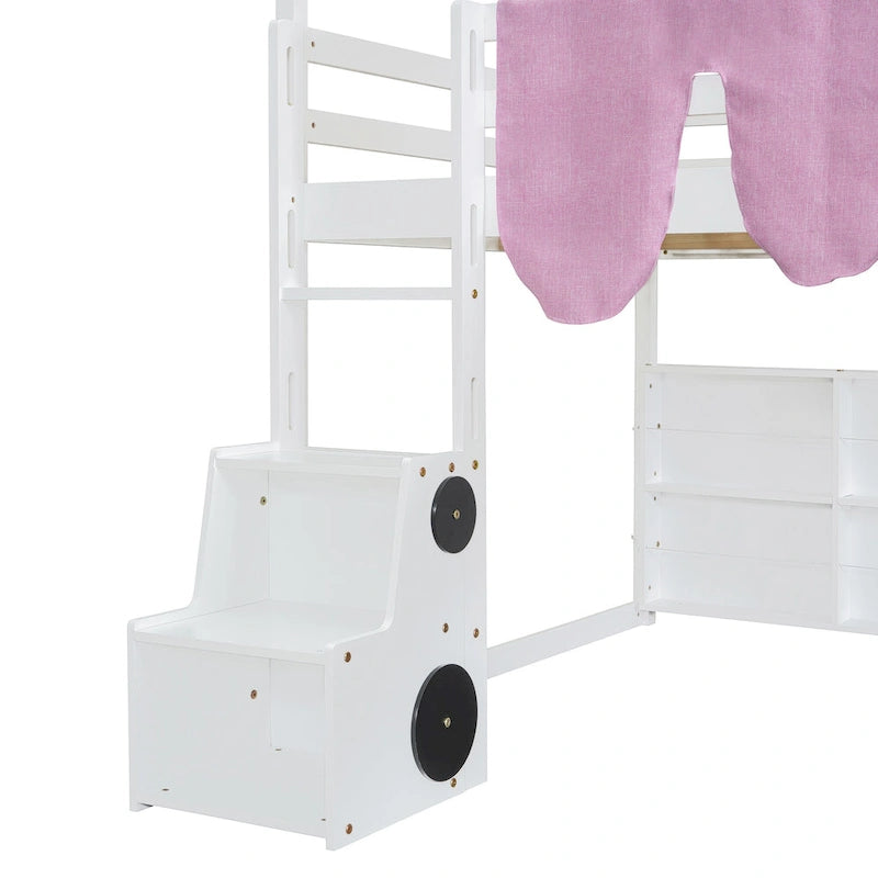 Kids Wooden Loft Bed with Tent Slide Ladder Storage Shelves Natural Pink