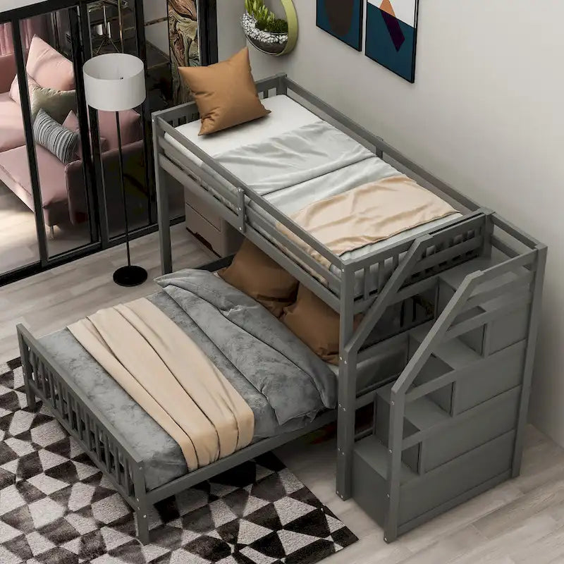 Twin Over Full Bunk Bed with Staircase Storage Drawers, White