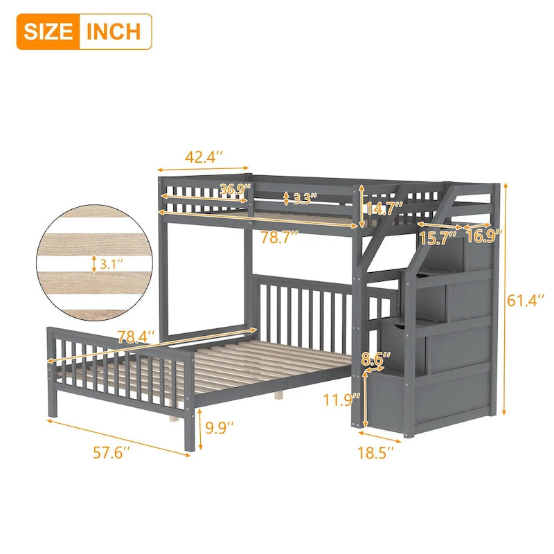 Twin Over Full Bunk Bed with Staircase Storage Drawers, White