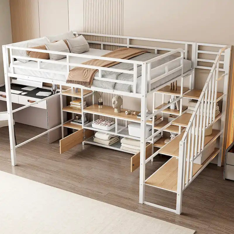 Full Size Metal Loft Bed with Staircase Storage Shelves and Desk White Black