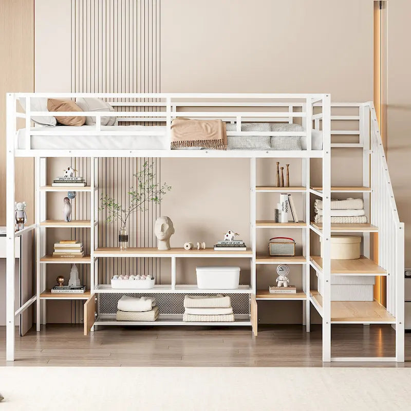 Full Size Metal Loft Bed with Staircase Storage Shelves and Desk White Black