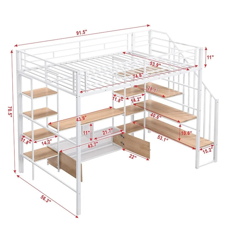 Full Size Metal Loft Bed with Staircase Storage Shelves and Desk White Black