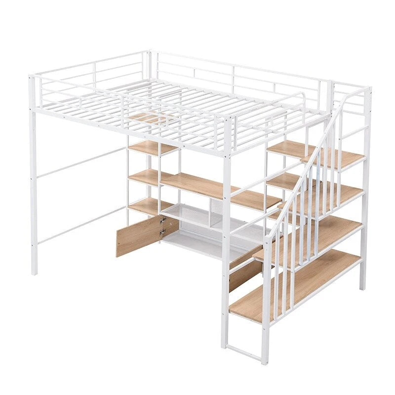 Full Size Metal Loft Bed with Staircase Storage Shelves and Desk White Black