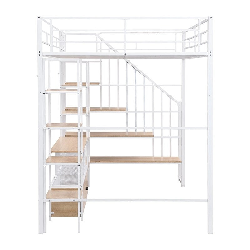 Full Size Metal Loft Bed with Staircase Storage Shelves and Desk White Black