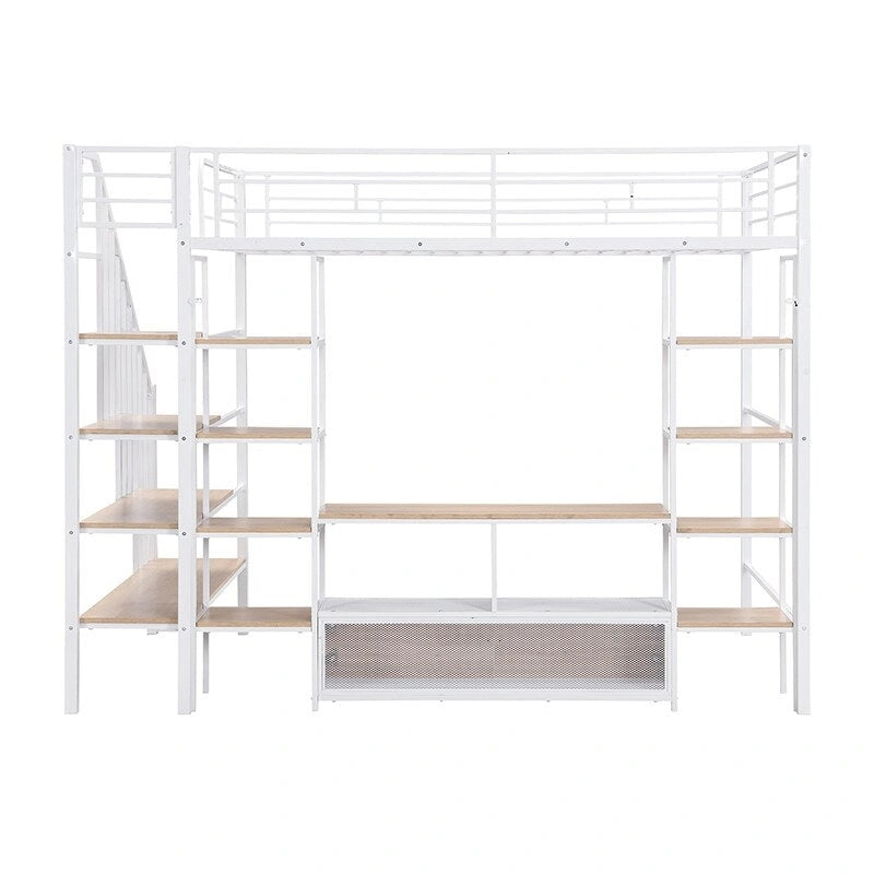 Full Size Metal Loft Bed with Staircase Storage Shelves and Desk White Black