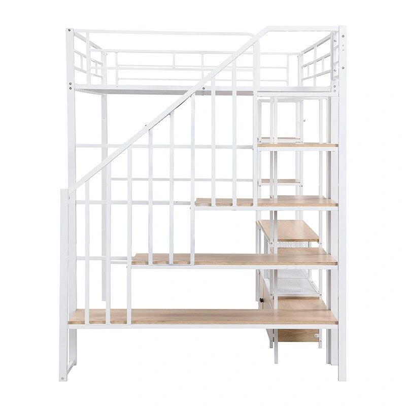 Full Size Metal Loft Bed with Staircase Storage Shelves and Desk White Black