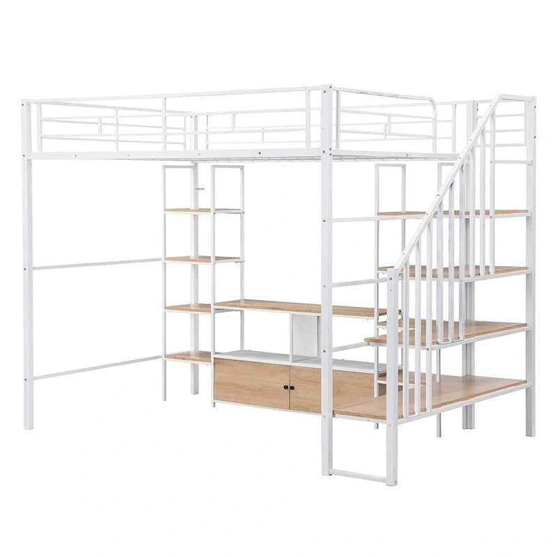 Full Size Metal Loft Bed with Staircase Storage Shelves and Desk White Black