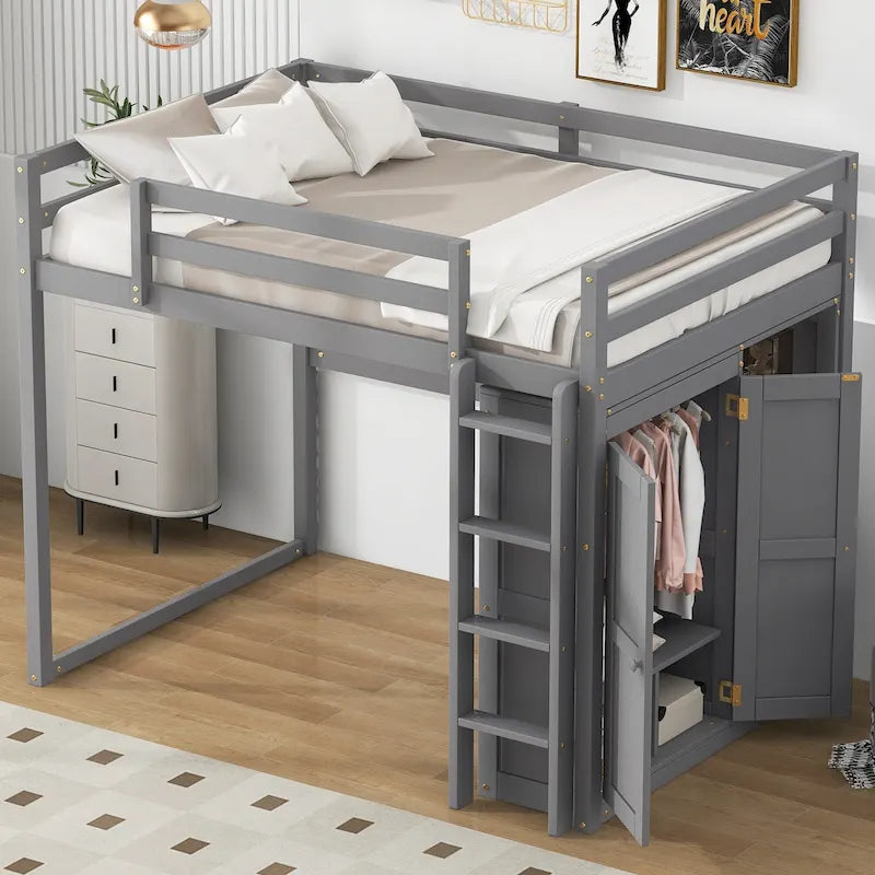 Gray Full Size Loft Bed with Wardrobe, Storage Shelves and LED Light