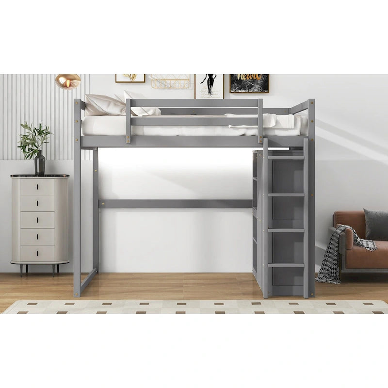 Gray Full Size Loft Bed with Wardrobe, Storage Shelves and LED Light