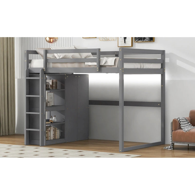 Gray Full Size Loft Bed with Wardrobe, Storage Shelves and LED Light
