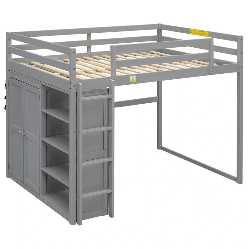 Gray Full Size Loft Bed with Wardrobe, Storage Shelves and LED Light