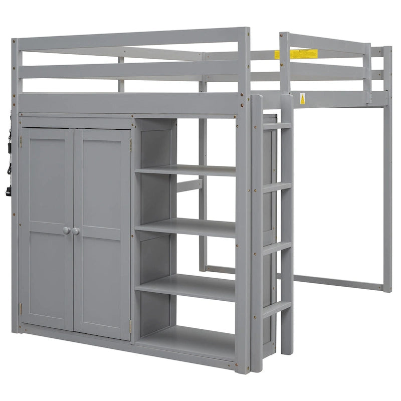 Gray Full Size Loft Bed with Wardrobe, Storage Shelves and LED Light