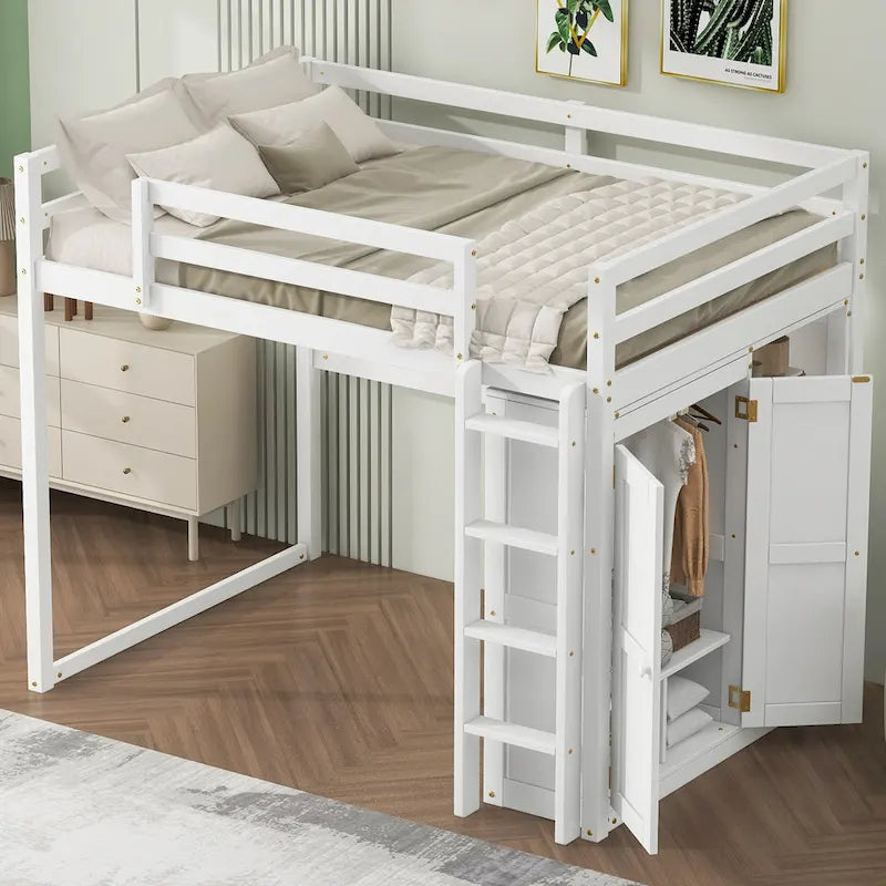 Gray Full Size Loft Bed with Wardrobe, Storage Shelves and LED Light
